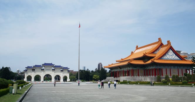 Taipei, Taiwan 17 March 2022: The front gate and National Theater and Concert Hall at Chiang Kai shek Memorial Hall in Taiwan