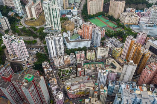Kwun Tong, Hong Kong 02 June 2019: Aerial view of Hong Kong downtown city