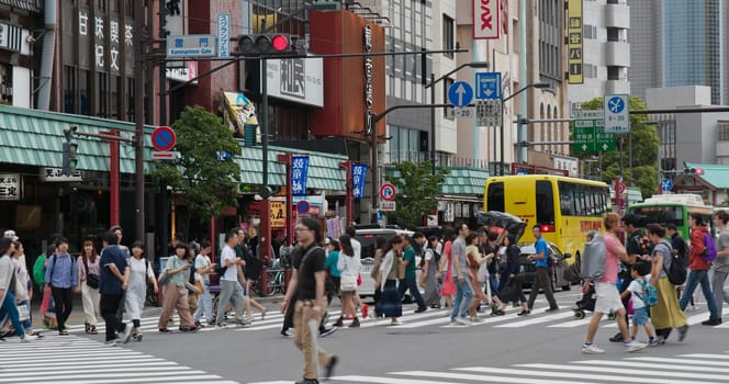 Tokyo, Japan, 24 June 2019: Asakusa district city street