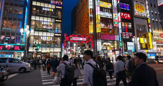 Tokyo, Japan 28 June 2019: Shinjuku district in Japan at night