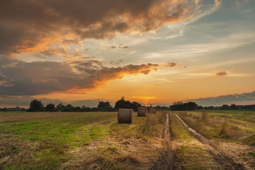 Beautiful sunset view from unpaved road in rural field, summer evening, Nowiny, Poland