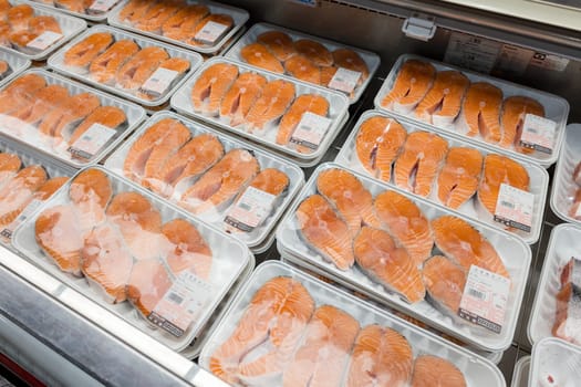 Taiwan 22 September 2023: Shelves with fresh salmon in supermarket at costco store