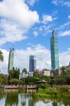 Taipei, Taiwan 02 October 2023: Taipei 101 tower in Sun Yat Sen Memorial Hall in Taipei