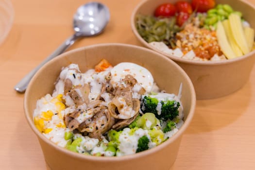 Pork and vegetable rice poke bowl
