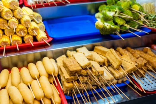Meat and vegetable skewer sell in street market