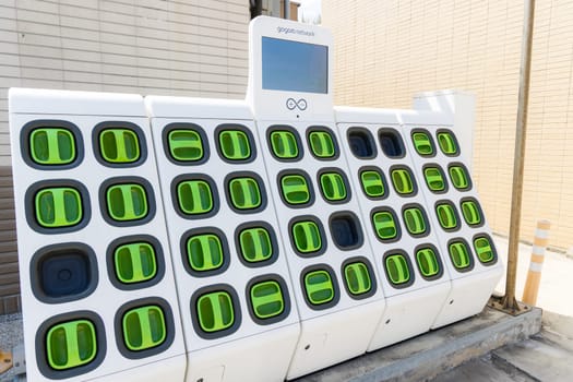 Taipei 16 October 2023: Gogoro Battery charging station for scooter bike motorcycles in Taiwan