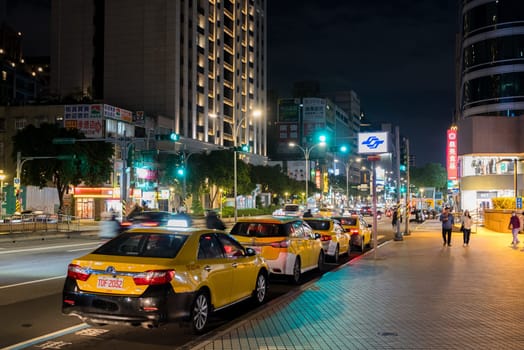 Taipei, Taiwan 16 November 2023: Taxi station in the street at Taipei city at night