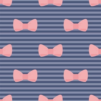 Seamless vector pattern with pastel pink bows on a navy blue strips background. For desktop wallpaper, web design, cards, invitations, wedding or baby shower albums, backgrounds, arts and scrapbooks.