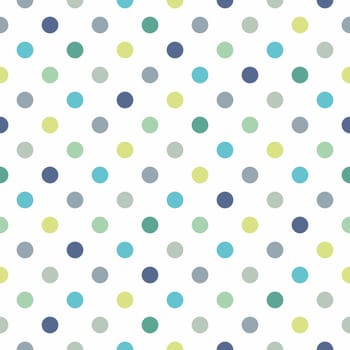 Seamless vector pattern, texture or background with cool mint, blue and yellow green polka dots on white background for web design, desktop wallpaper, winter blog, website or invitation card.