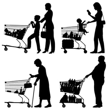 Editable vector silhouettes of people and their supermarket shopping trolleys with all elements as separate objects
