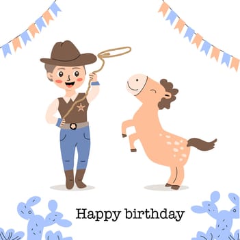 Happy birthday card with cowboy kid with horse. Vector illustration in flat cartoon style. Cute cartoon characters - boy with lasso and horse.