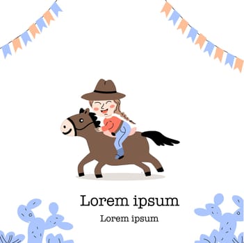 cowgirl kids party banner or poster in cartoon style. Vector illustration isolated. Suitable for kids birthday invitation, celebration design.