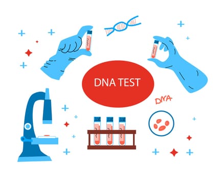 DNA test background with saliva or blood of peope. Vector illustration can used for medical banner and card. Cartoon DNA science concept.