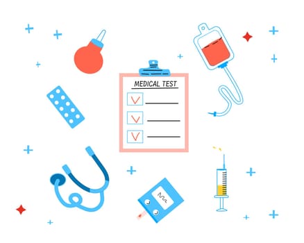 medical background with healthcare equipment. Vector illustration isolated. Set of cartoon medical supplies.