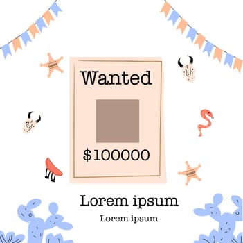 cowboy and cowgirl kids party banner or poster. Vector illustration in flat cartoon style. Suitable for kids birthday invitation.