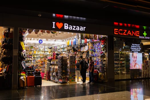 ISTANBUL, TURKEY - August 09, 2022: A view of duty free shops and stores at the international departure terminal of New International Istanbul Airport