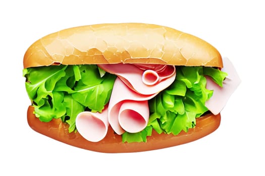 appetizing sandwich with ham and fresh green salad isolated on white background