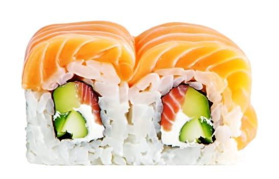 sushi on a white background. sushi is sometimes confused with sashimi, a dish that consists of thinly sliced raw fish or occasionally meat, without sushi rice
