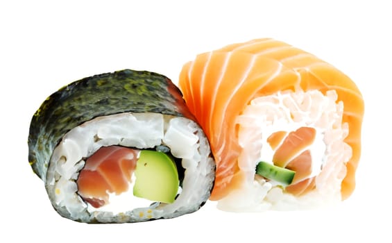 sushi on a white background. sushi is sometimes confused with sashimi, a dish that consists of thinly sliced raw fish or occasionally meat, without sushi rice
