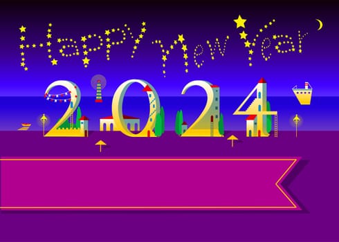 Coastal Serenity: Happy New Year 2024. The yellow text resembles stars in the night sky, while the numbers take the form of white houses. The backdrop features the serene sea and sandy beach. A spacious banner for custom text