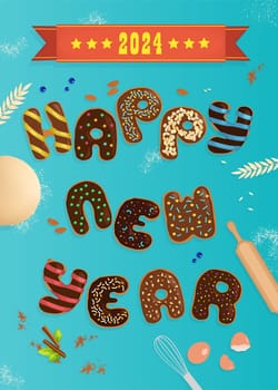 The phrase Happy New Year made from chocolate donuts in the form of letters of the alphabet, decorated with cream and nuts. A bright blue table with dough, flour and other cooking paraphernalia. Red banner with 2024.