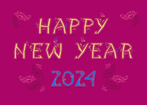 Folk New Year 2024. Artistic font with folk-inspired decor. Vibrant red background. Bold yellow letters, adorned with intricate geometric patterns, spell out the message of good cheer. The blue number '2024' stands out as the centerpiece