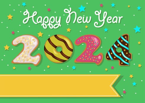A festive illustration of a colorful number 2024 made of sweet donuts with cream and nuts decor on a green background with confetti. A yellow banner for custom text. It is perfect for New Year's greetings