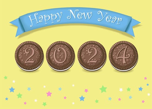 Chocolate Cookie Happy New Year 2024. The number 2024 is as a artistic chocolate cookies with cream. The background is yellow with stars. The banner is blue with white text. The card is perfect for sending greetings to friends and family.