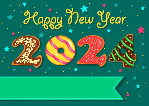 A colorful donut banner celebrating the new year. The number 2024 is made up of donuts with cream and nuts decor. The background is green with stars and confetti. The banner is perfect for custom text, such as a company logo or a personal message.