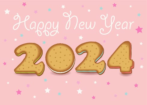 Happy New Year 2024 Cream-Filled Cookie Number. A festive illustration of a cream-filled cookie number 2024 on a pink background with stars and white cream inscription. Perfect for New Year's greetings, cards, and other designs.