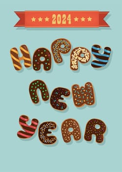 Chocolicious New Year Delight. The phrase 'Happy New Year' is spelled out by delightful chocolate donuts adorned with creamy swirls and nutty decorations. Vibrant blue backdrop, a red banner with 2024