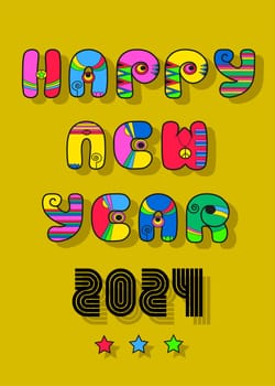 Disco New Year 2024. A festive illustration of a disco-style cartoon inscription Happy New Year with colorful decor. The number 2024 is black in a retro style. The background is yellow-green. Perfect for New Year's greetings, cards, and other designs
