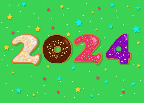 A festive illustration of a colorful number "2024"" made of donuts with cream and nuts decor on a green background with confetti. This illustration is perfect for New Year's greetings, cards, and other designs."