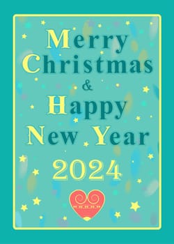 A festive retro greeting card celebrating Christmas and the new year 2024. The text is blue, the number is yellow, and the heart is red. The background is green with stars and watercolor blurs. Perfect for sending greetings to friends and family.