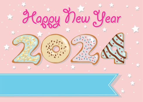 Delightful Donut-Themed New Year Greeting. The numbers are transformed into sweet donuts adorned with creamy swirls and nutty decorations. Background with confetti. Blue banner allows for custom text