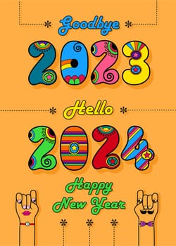 Disco New Year 2024 Greeting Card. Goodbye 2023, hello 2024. Letters are in vibrant disco style, featuring colorful numbers adorned with bright decor. Cartoon hands, one male and one female, share a playful glance.