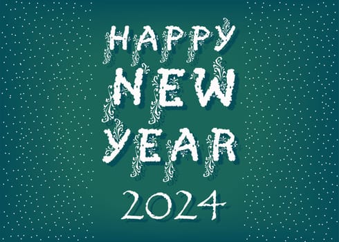 A festive illustration of the words Happy New Year 2024 in a white font with frost floral decor. The background is a dark green, and there is a white snowfall frame. This illustration is perfect for New Year's greetings, cards, and other designs.