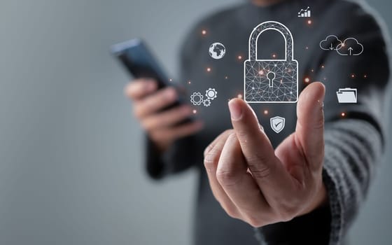Man show key secure encryption technology, cybersecurity privacy of data protection, security Internet access, security encryption of user private data, business confidentiality.