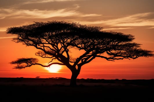 a black and white sunset scene with the silhouette of an acacia tree.