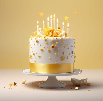 a yellow birthday cake with gold stars on top.