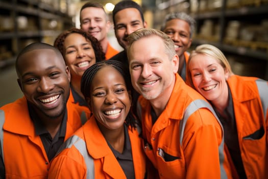 a group of warehouse workers are laughing.