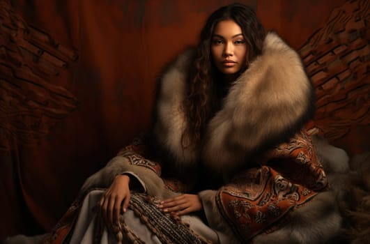 a woman in a traditional wearing dress with a fur piece sat.