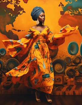 a woman dressed in african attire is next to a poster.