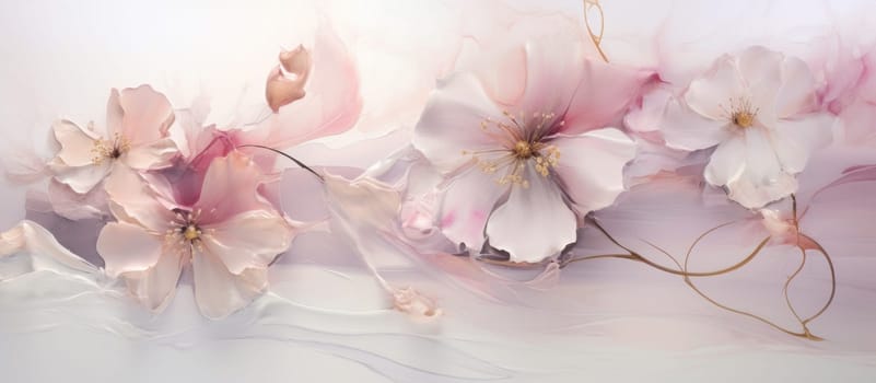 a painting of pink flowers on white surface.