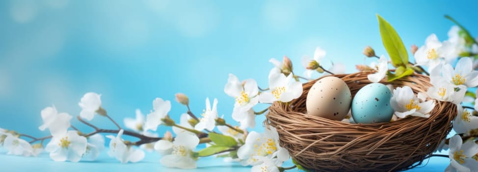 an easter egg and flowers in a basket on a blue background.