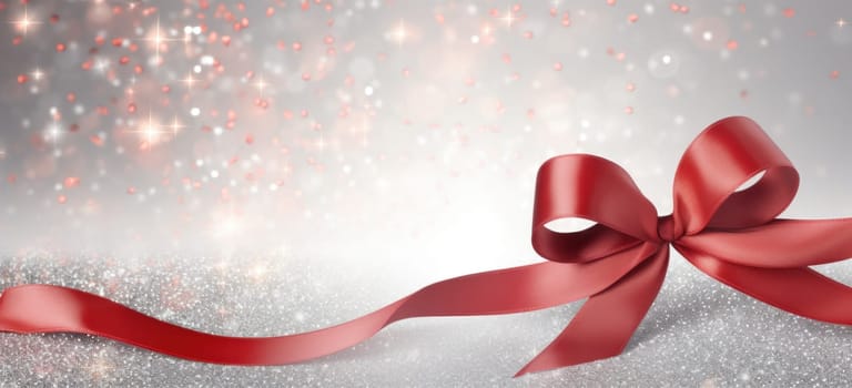 a heart shaped red ribbon with glitter silver backgrounds.