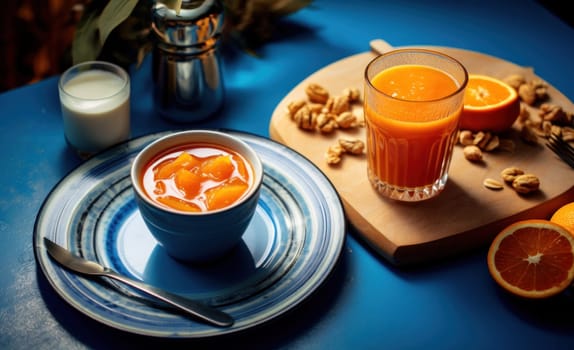 a plate of food on a blue table with drinks.