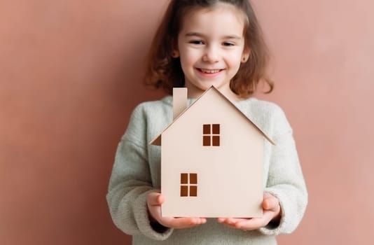 child holds paper cardboard house after moving in to a new home.