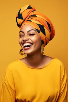 a woman with colorful top and headscarf smiling.