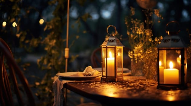 a table is set with candle lanterns and plates.